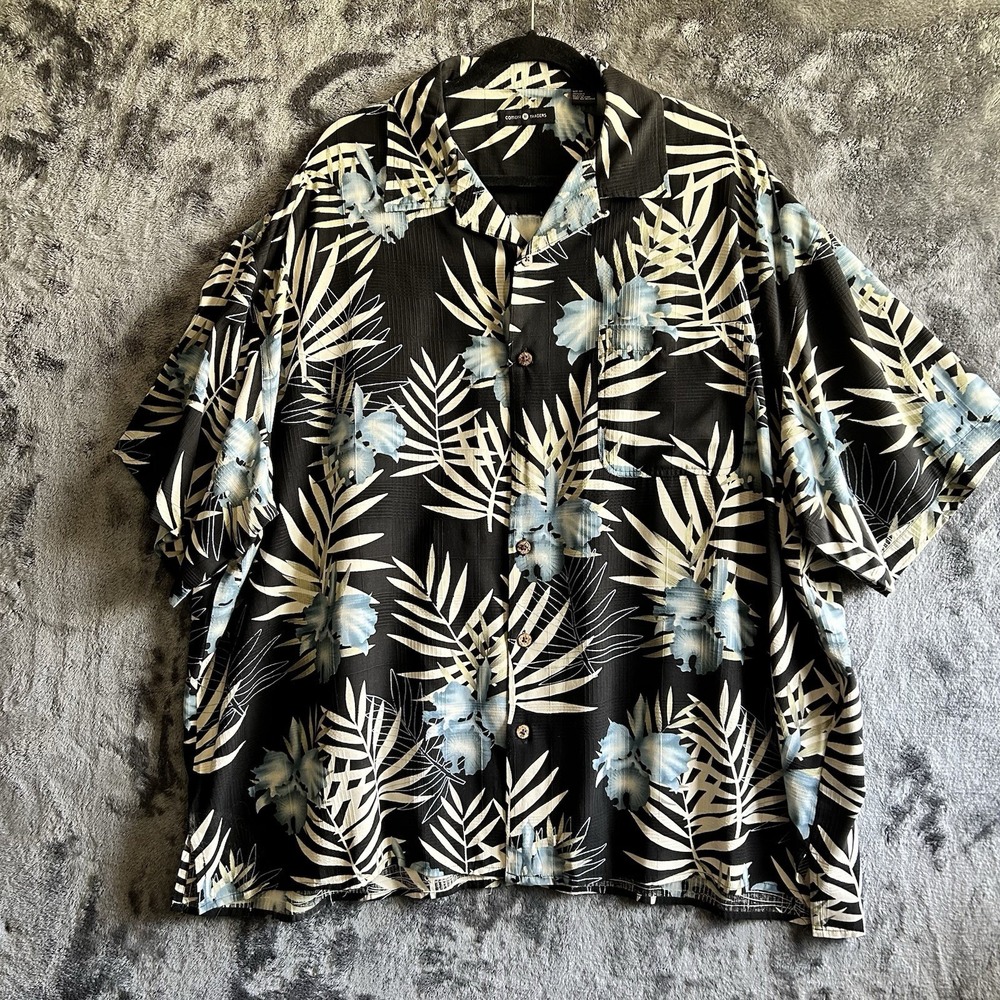 Cotton Traders‎ Silk Hawaiian Shirt 3X Black Tropical Floral Camp Aloha